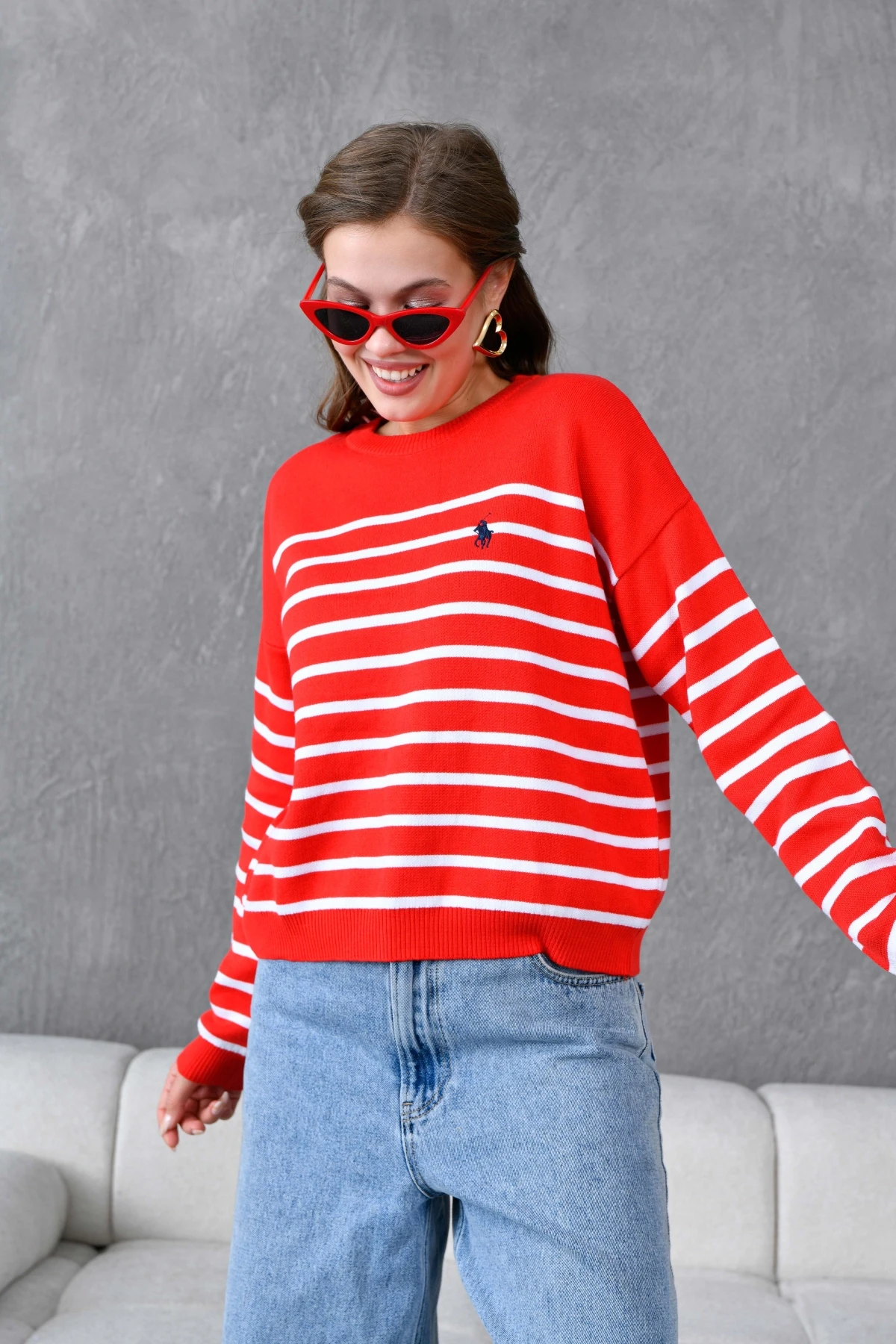 Kadın Bisiklet Yaka Nakış Detaylı Çizgili Triko Kazak 10272.Ctn