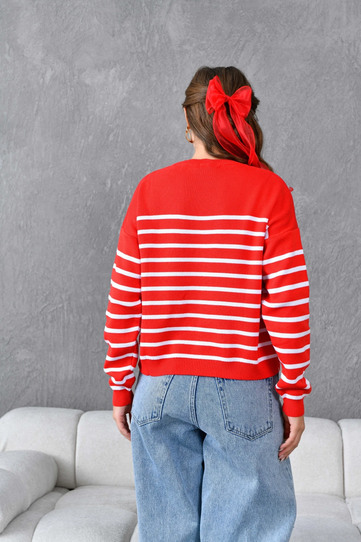 Kadın Bisiklet Yaka Nakış Detaylı Çizgili Triko Kazak 10272.Ctn