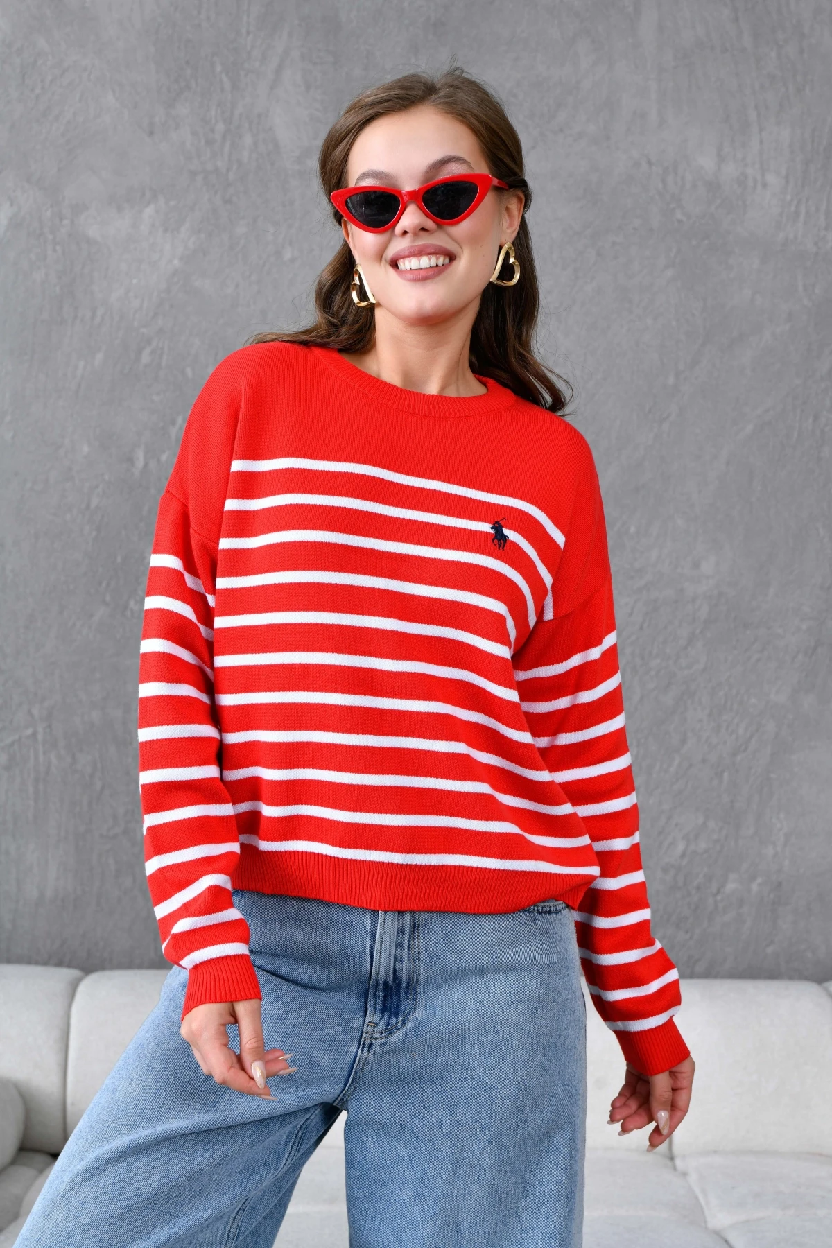 Kadın Bisiklet Yaka Nakış Detaylı Çizgili Triko Kazak 10272.Ctn