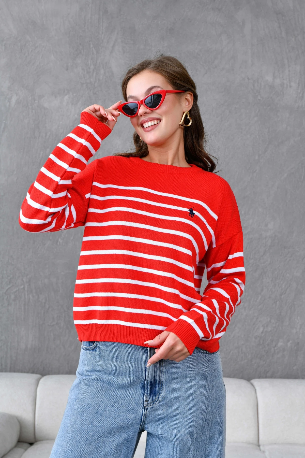 Kadın Bisiklet Yaka Nakış Detaylı Çizgili Triko Kazak 10272.Ctn