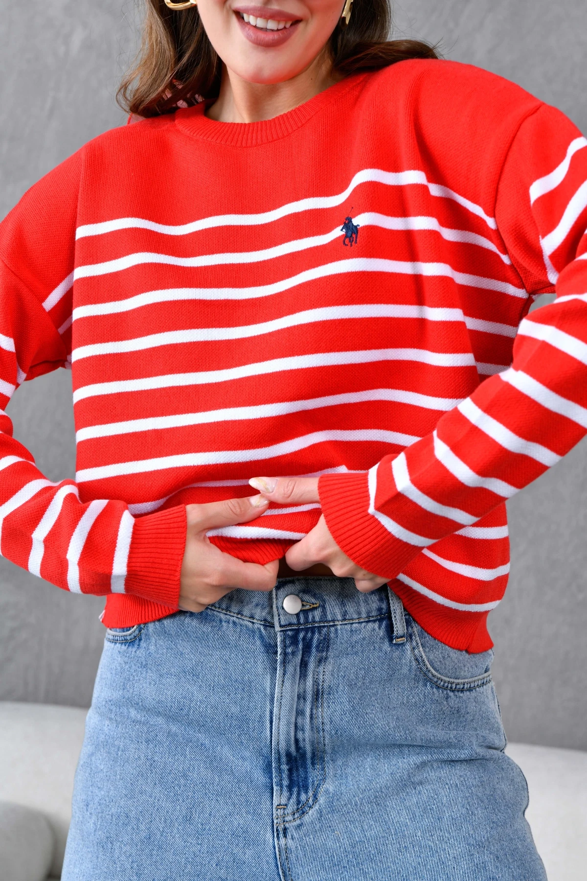 Kadın Bisiklet Yaka Nakış Detaylı Çizgili Triko Kazak 10272.Ctn