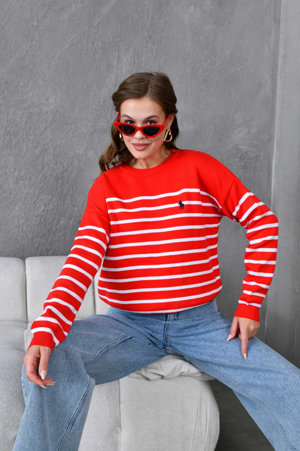 Kadın Bisiklet Yaka Nakış Detaylı Çizgili Triko Kazak 10272.Ctn