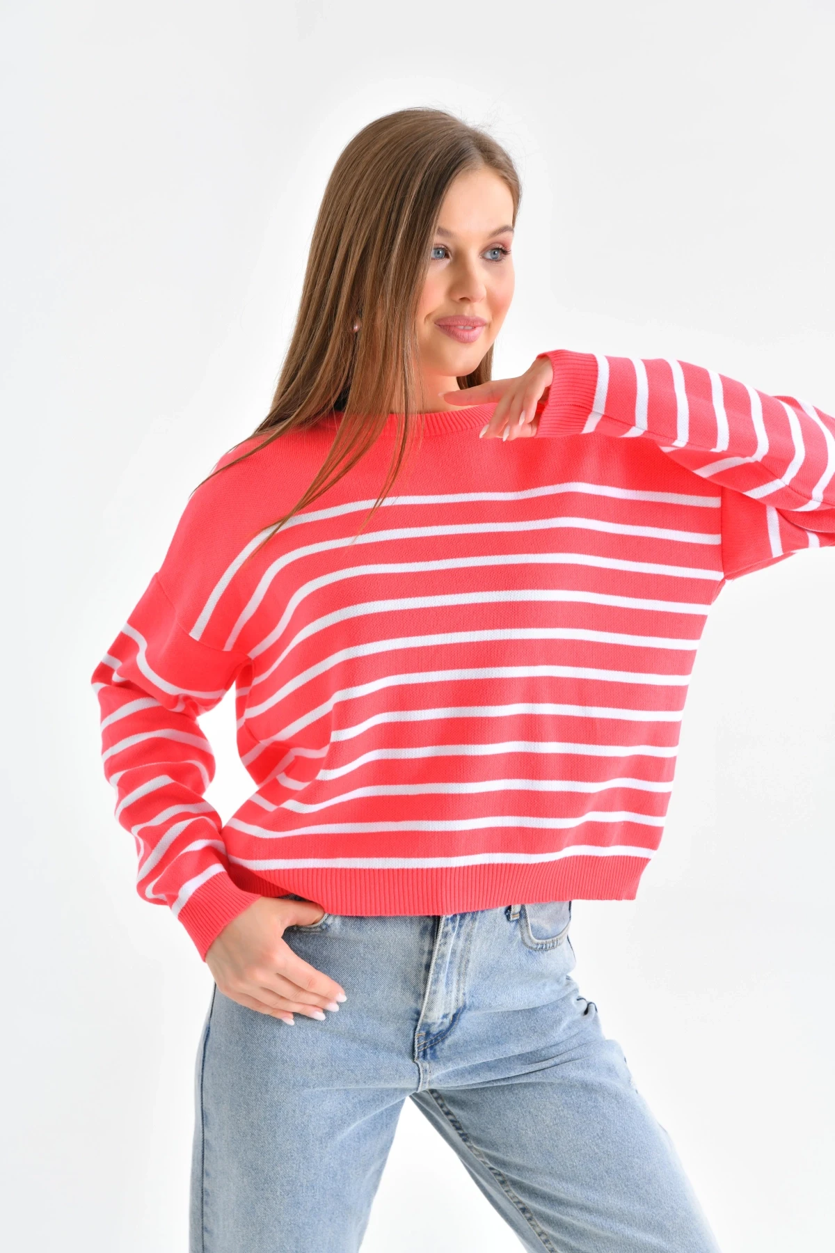 Kadın Bisiklet Yaka Nakış Detaylı Çizgili Triko Kazak 10272.Ctn