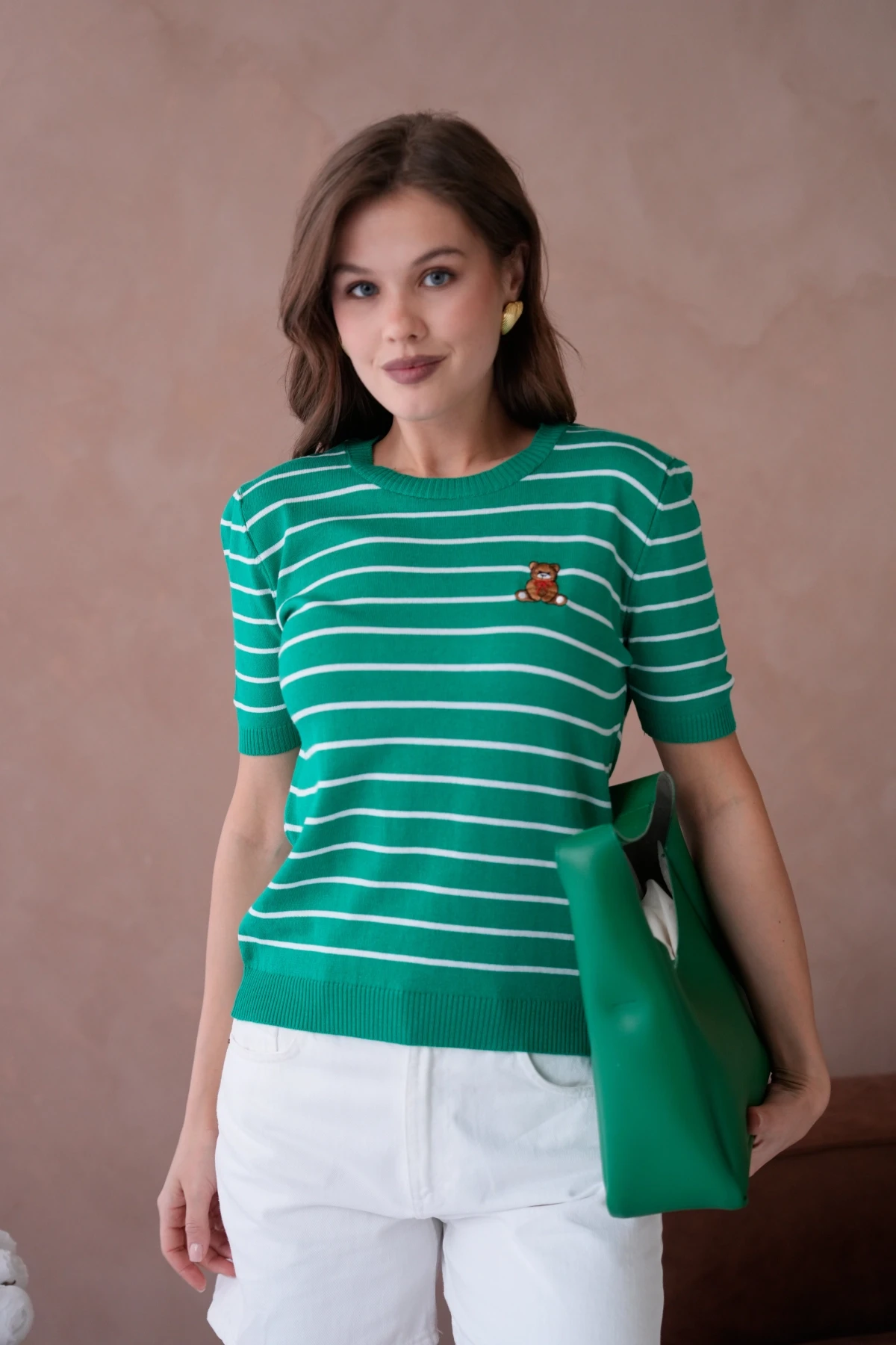 Kadın Bisiklet Yaka Nakış İşlemeli  Çizgili Triko Kazak 10051.Ctn