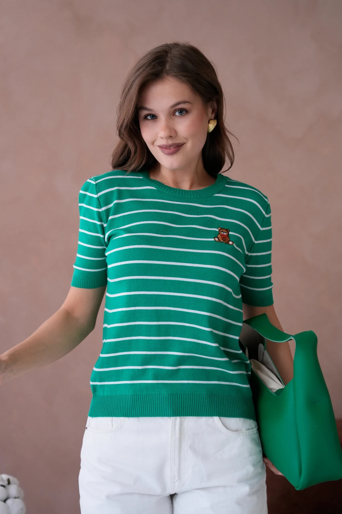 Kadın Bisiklet Yaka Nakış İşlemeli  Çizgili Triko Kazak 10051.Ctn