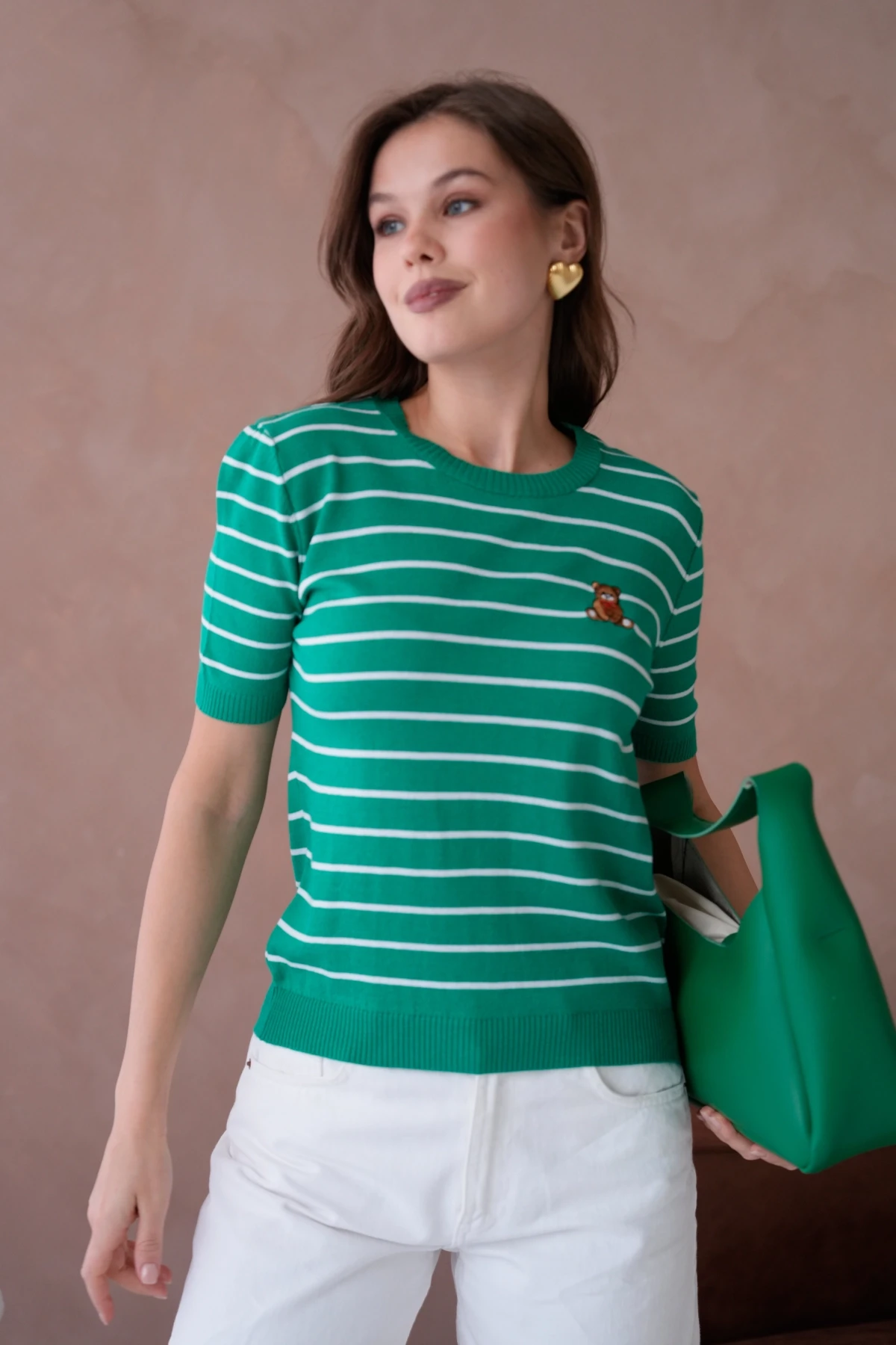 Kadın Bisiklet Yaka Nakış İşlemeli  Çizgili Triko Kazak 10051.Ctn