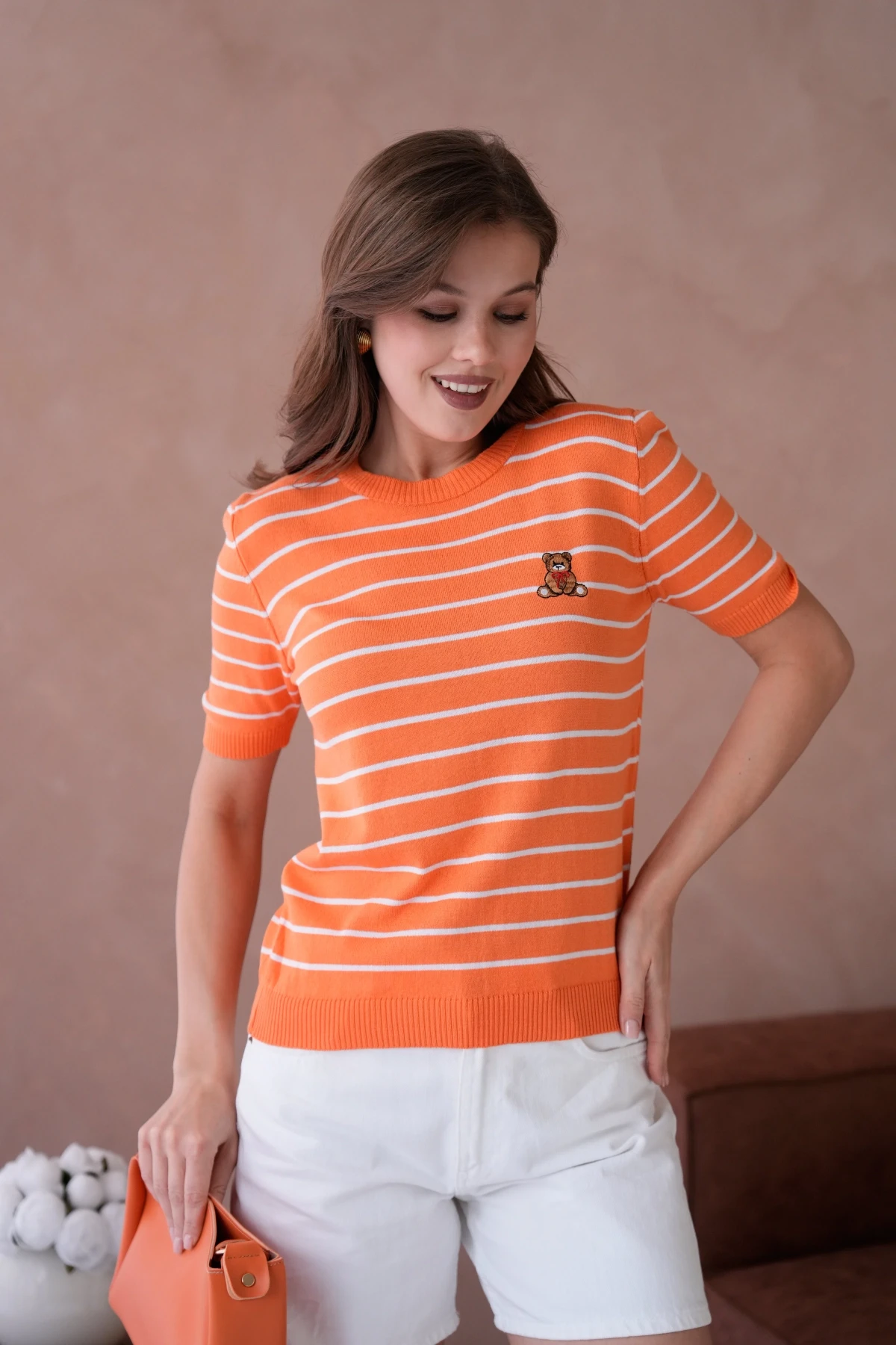 Kadın Bisiklet Yaka Nakış İşlemeli  Çizgili Triko Kazak 10051.Ctn