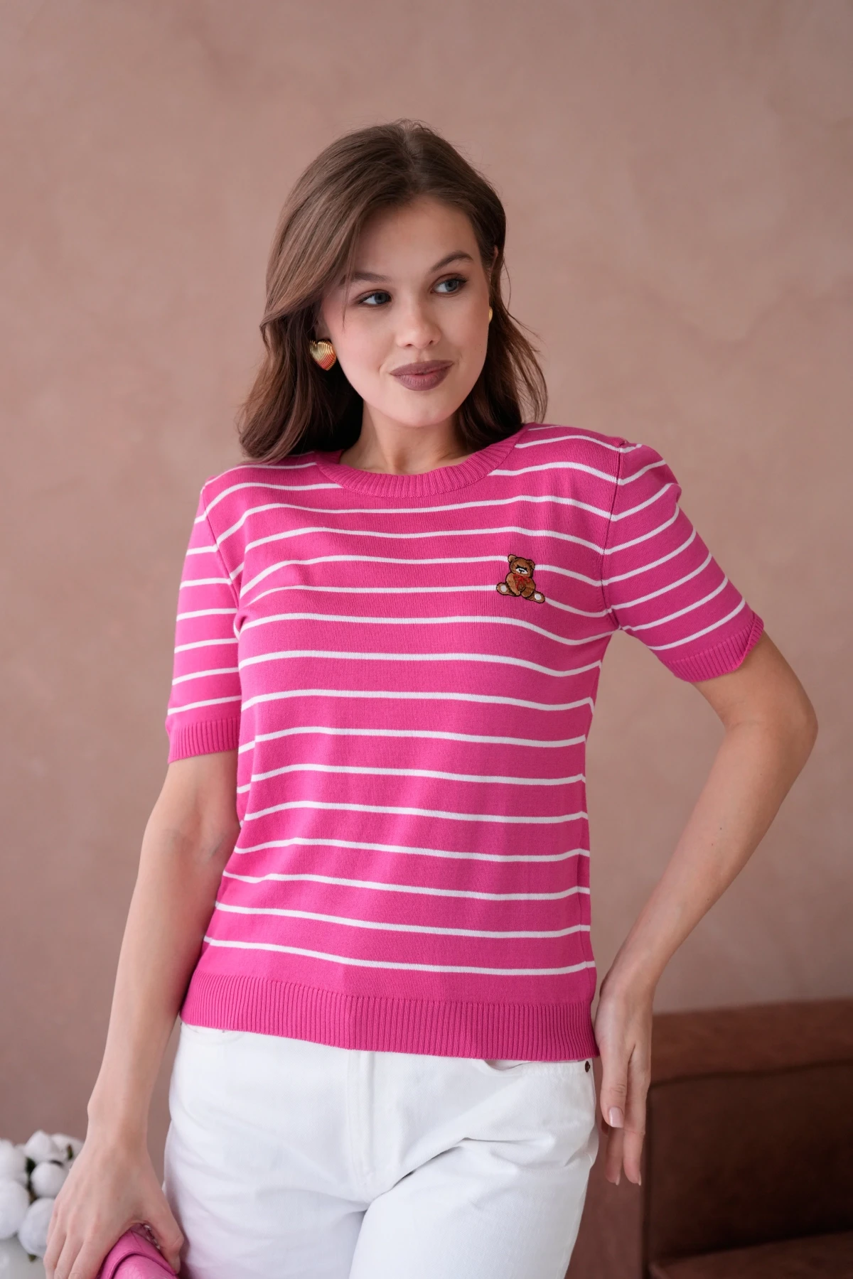 Kadın Bisiklet Yaka Nakış İşlemeli  Çizgili Triko Kazak 10051.Ctn