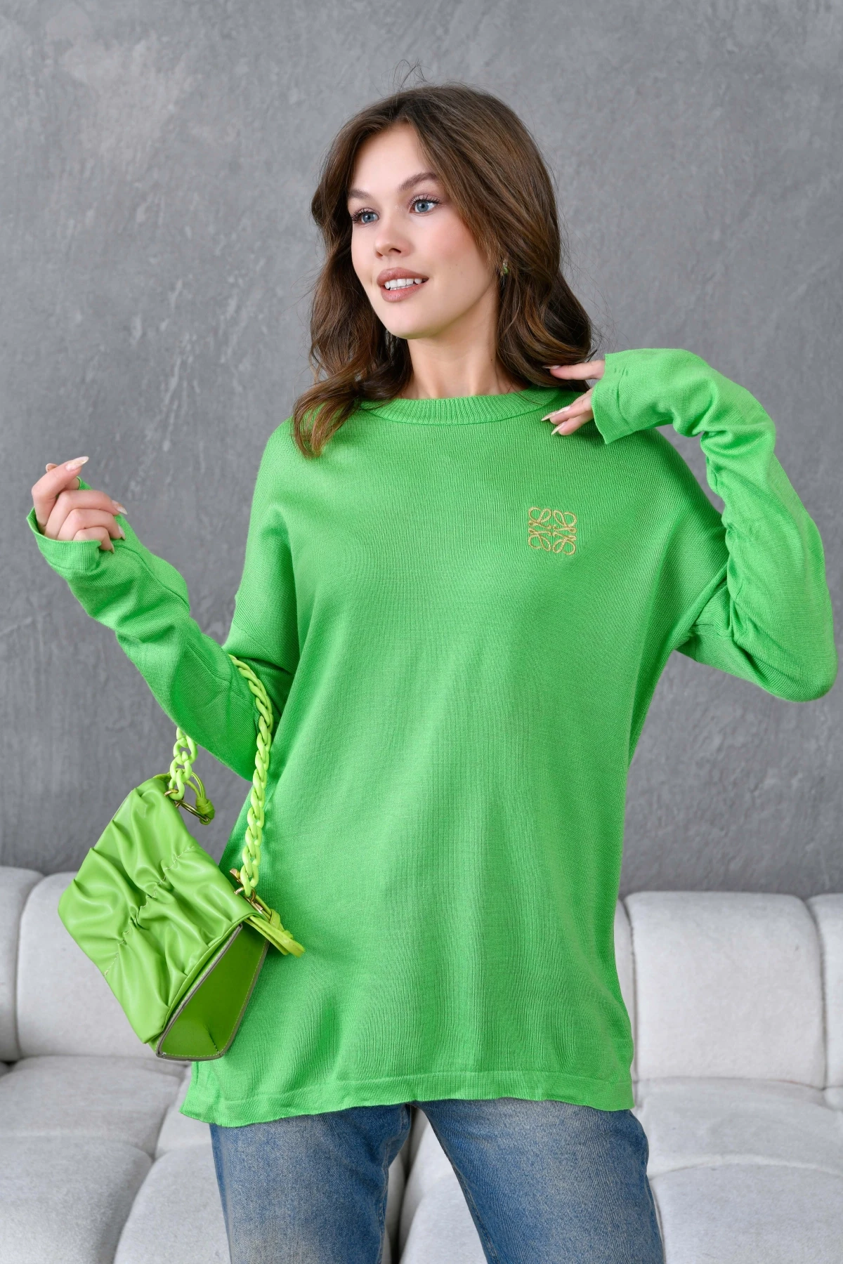 Kadın Bisiklet Yaka Nakış işlemeli Mevsimlik Triko Kazak 224293