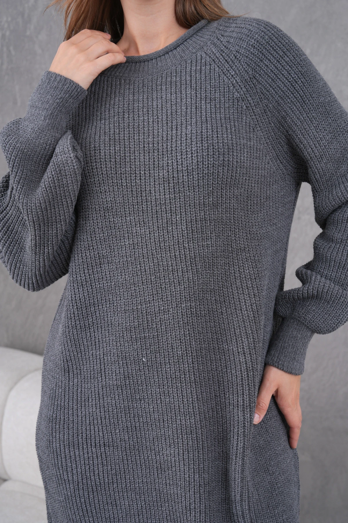 Kadın Bisiklet Yaka Örgü Detay Midi Boy Triko Tunik 8031Sw