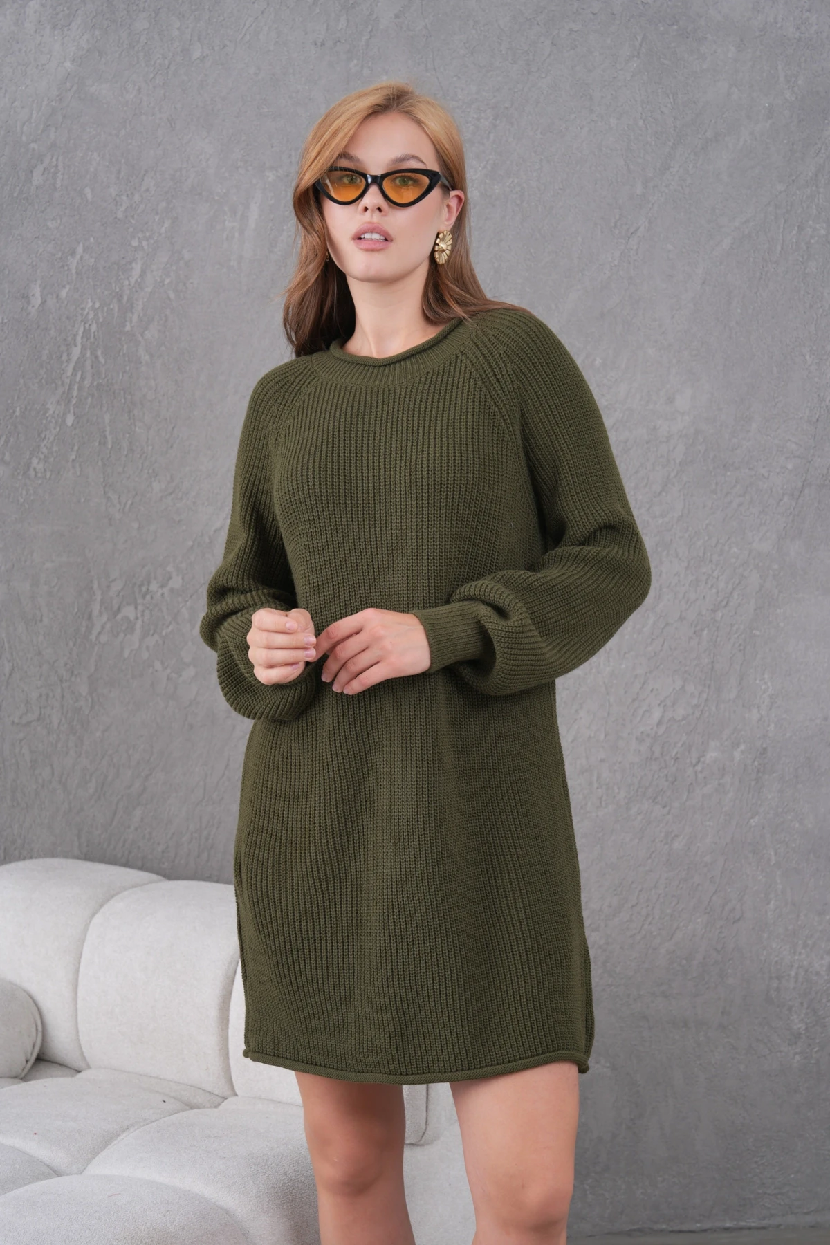 Kadın Bisiklet Yaka Örgü Detay Midi Boy Triko Tunik 8031Sw