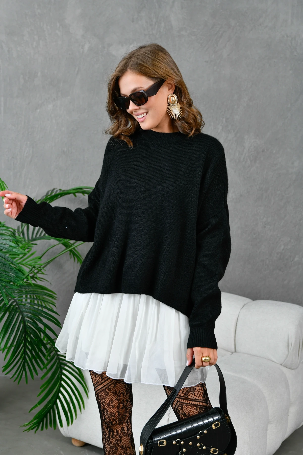 Kadın Bisiklet Yaka Oversize Triko Kazak 227045Sw