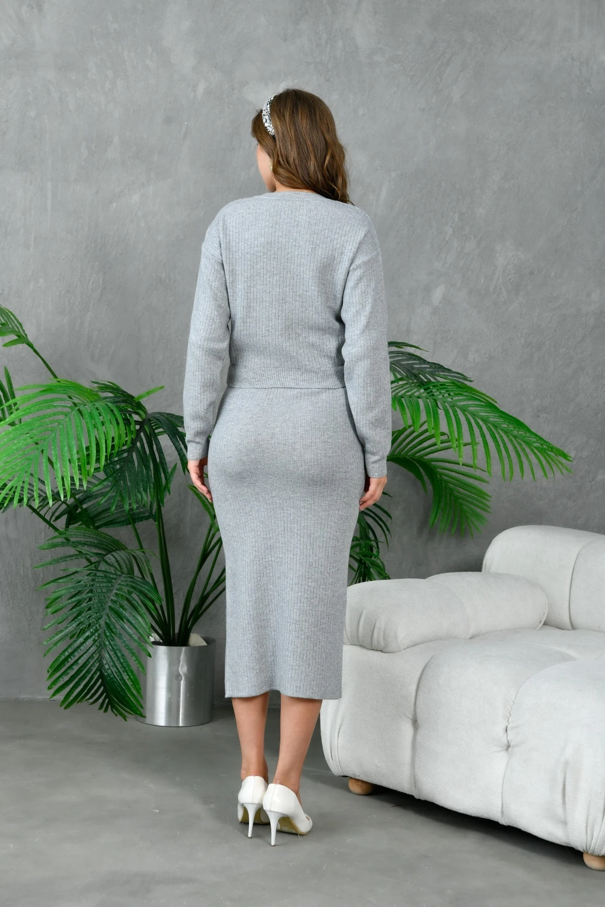 Kadın Bisiklet Yaka Ribanalı Desen Uzun Yırtmaç Detay Premium İplik Etekli Triko Takım 224396Crs