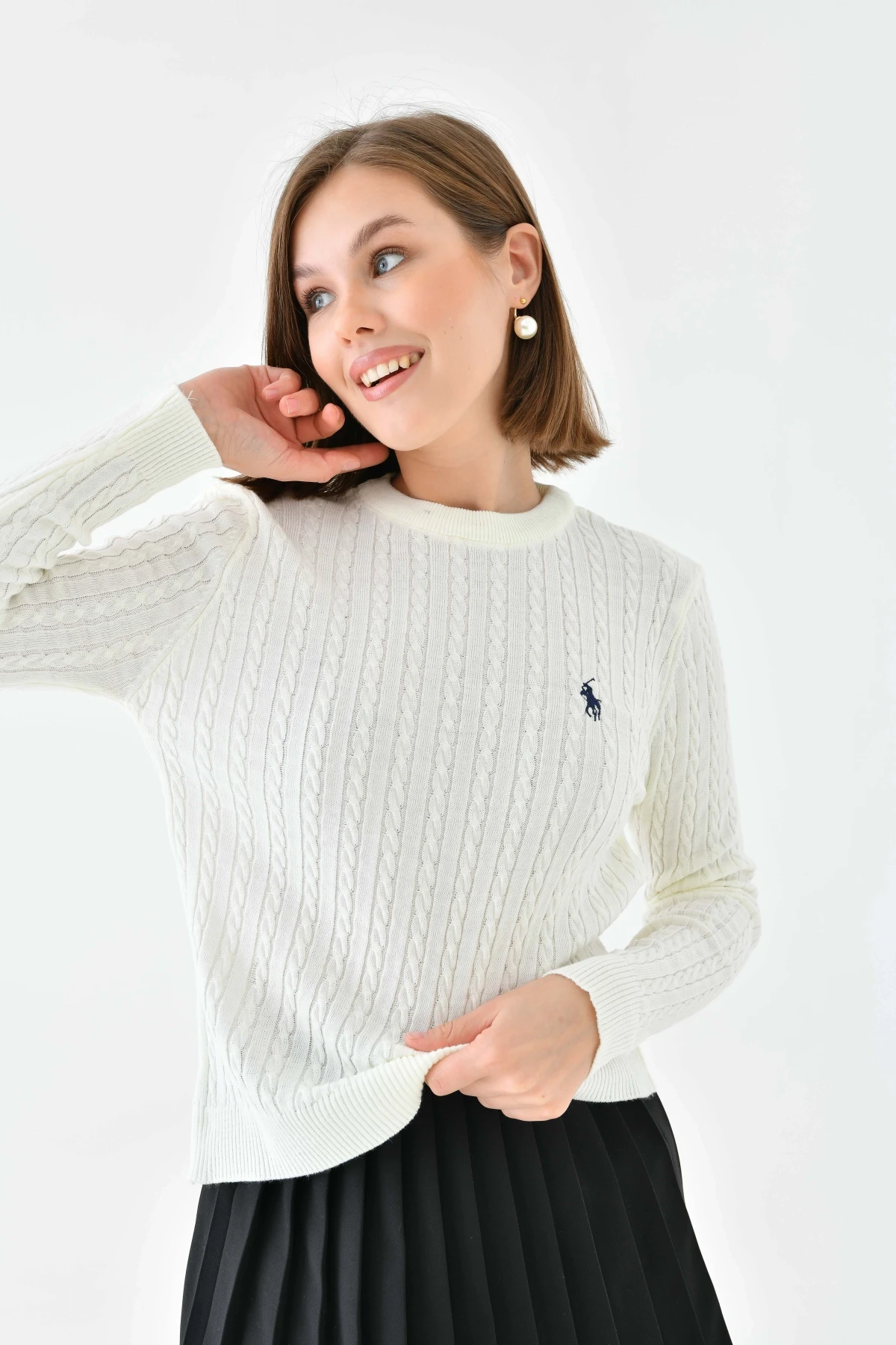 Kadın Bisiklet Yaka Saç Örgü Desenli Triko Kazak