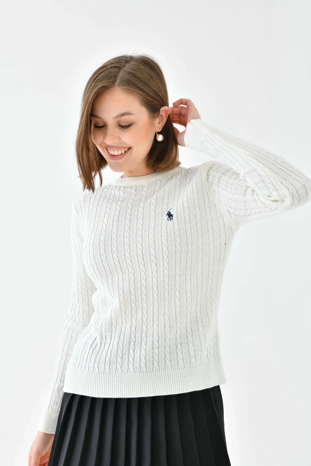 Kadın Bisiklet Yaka Saç Örgü Desenli Triko Kazak