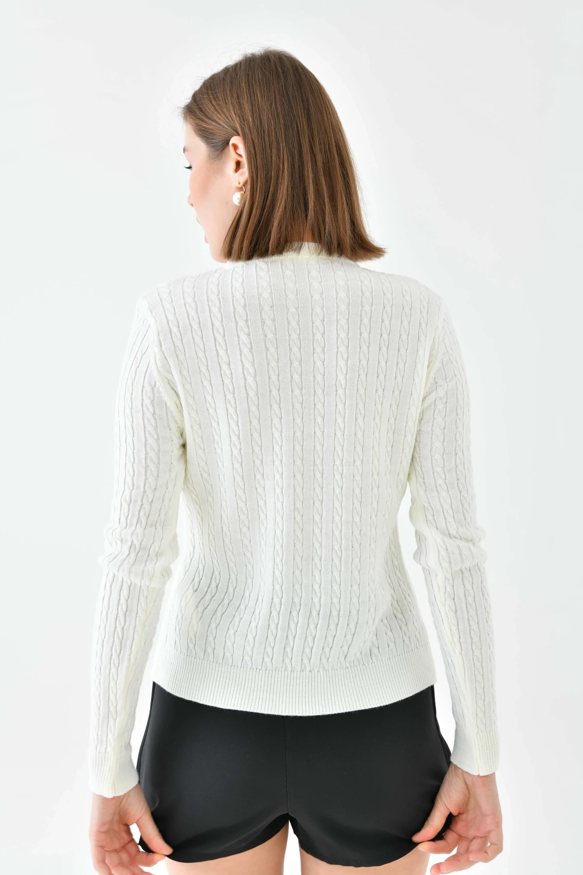 Kadın Bisiklet Yaka Saç Örgü Desenli Triko Kazak