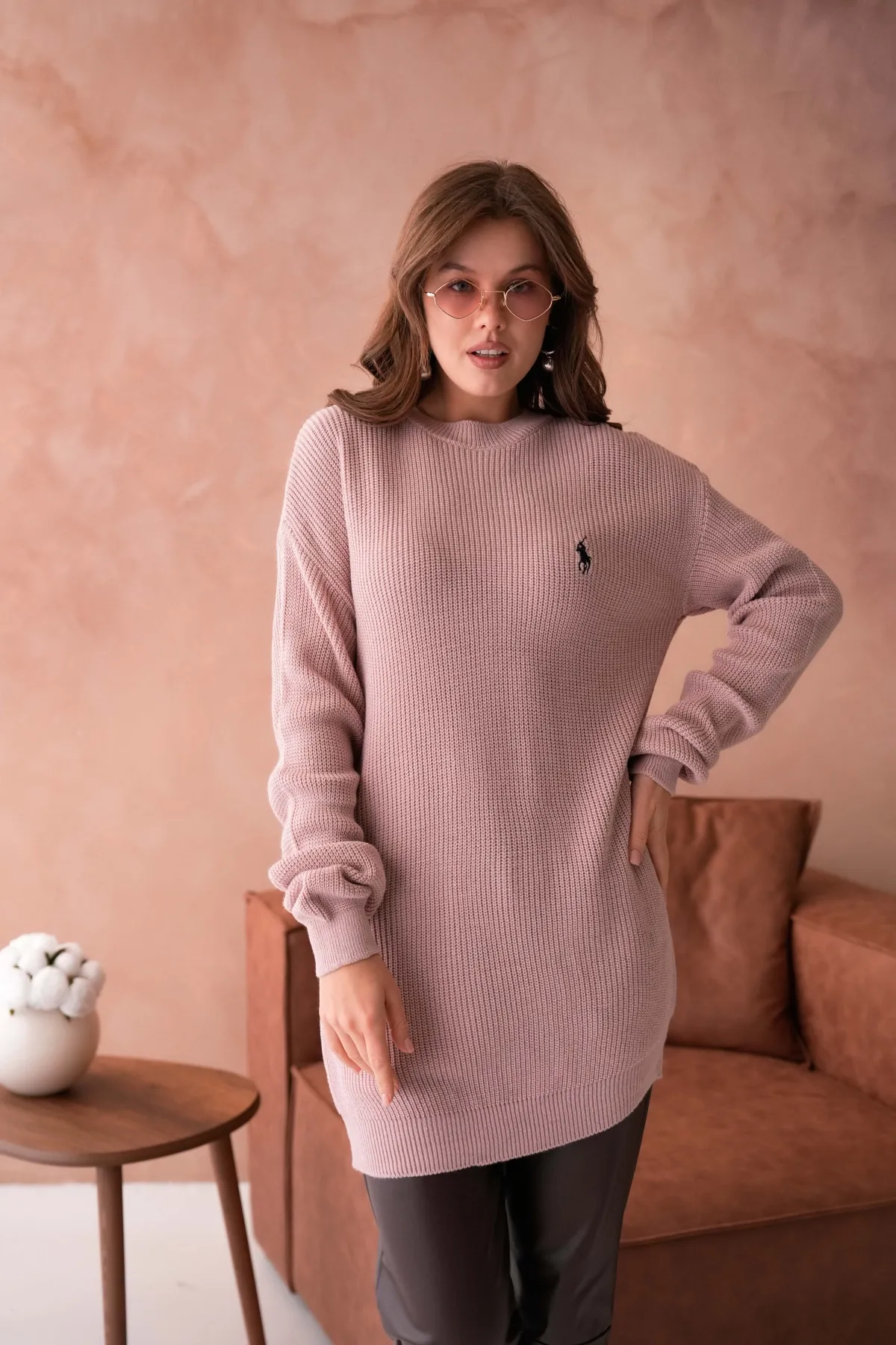 Kadın Bisiklet Yaka Selanik Örgü Nakışlı Triko Tunik 8492