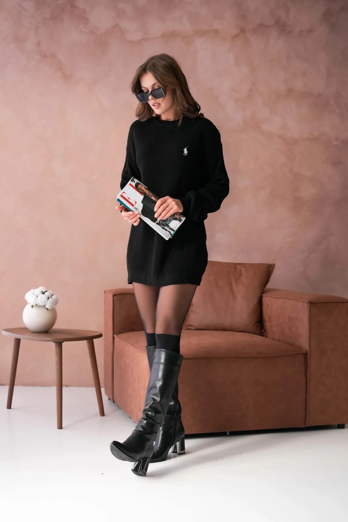 Kadın Bisiklet Yaka Selanik Örgü Nakışlı Triko Tunik 8492