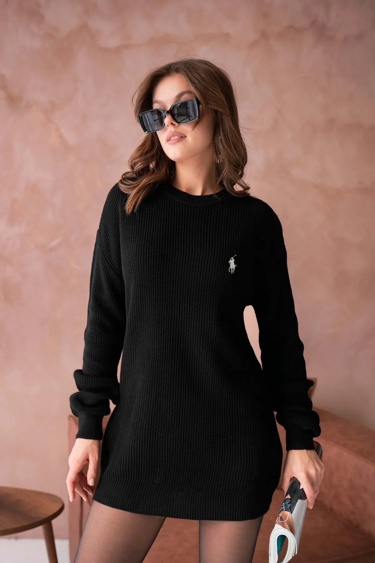 Kadın Bisiklet Yaka Selanik Örgü Nakışlı Triko Tunik 8492