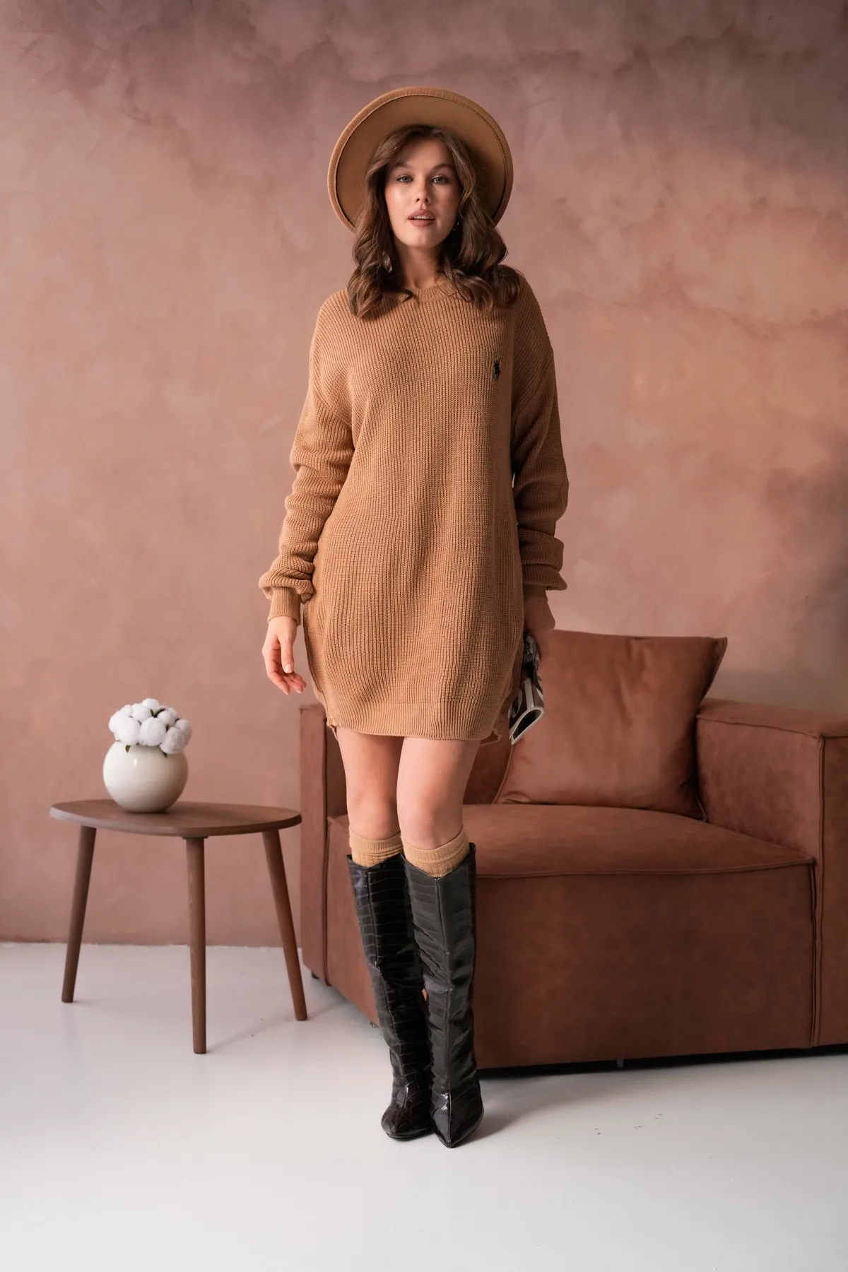 Kadın Bisiklet Yaka Selanik Örgü Nakışlı Triko Tunik 8492