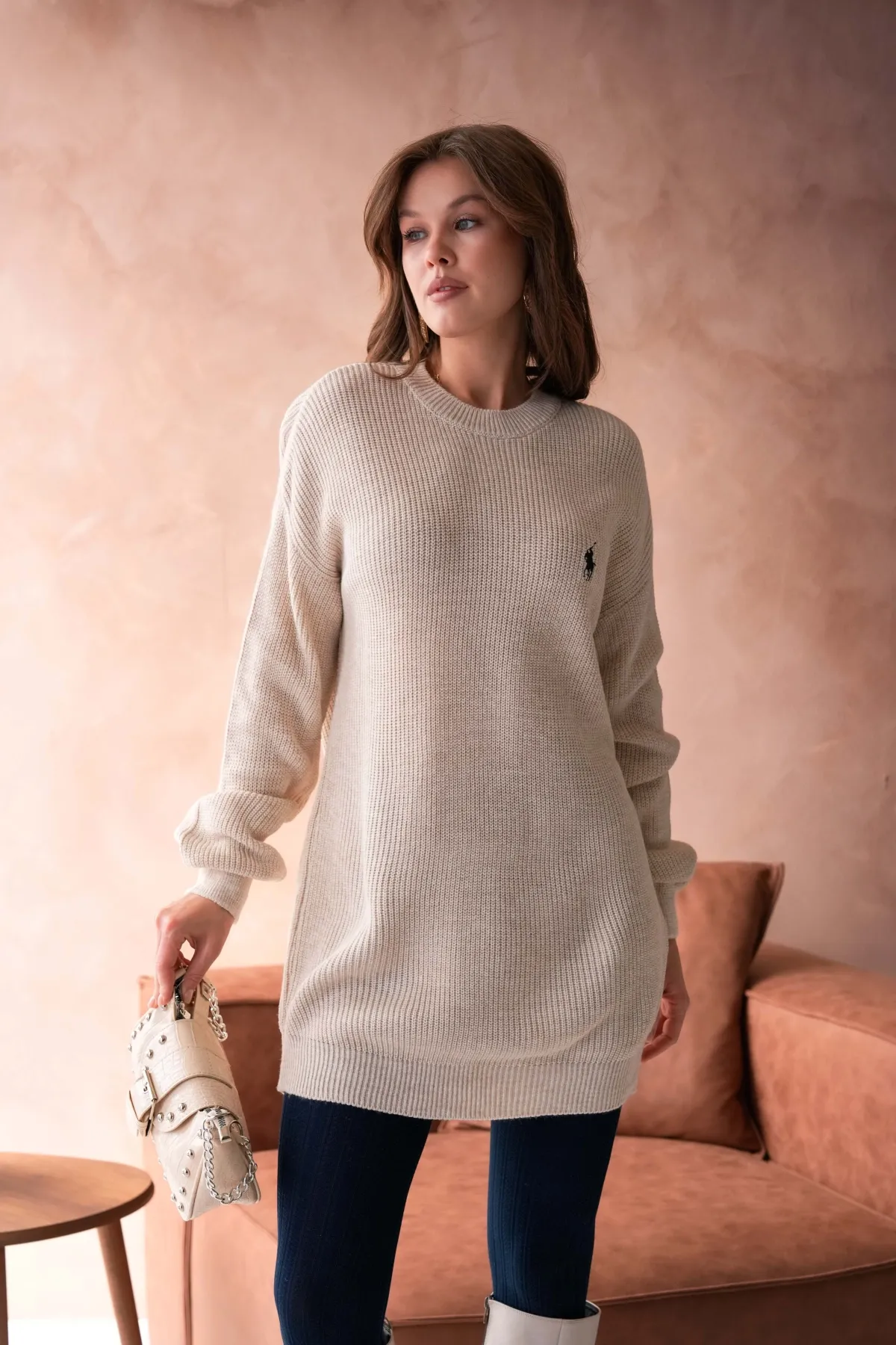 Kadın Bisiklet Yaka Selanik Örgü Nakışlı Triko Tunik 8492