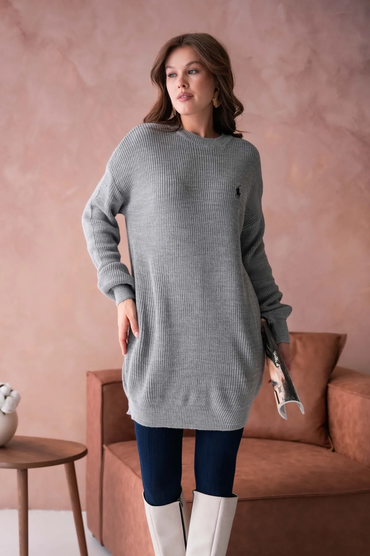 Kadın Bisiklet Yaka Selanik Örgü Nakışlı Triko Tunik 8492