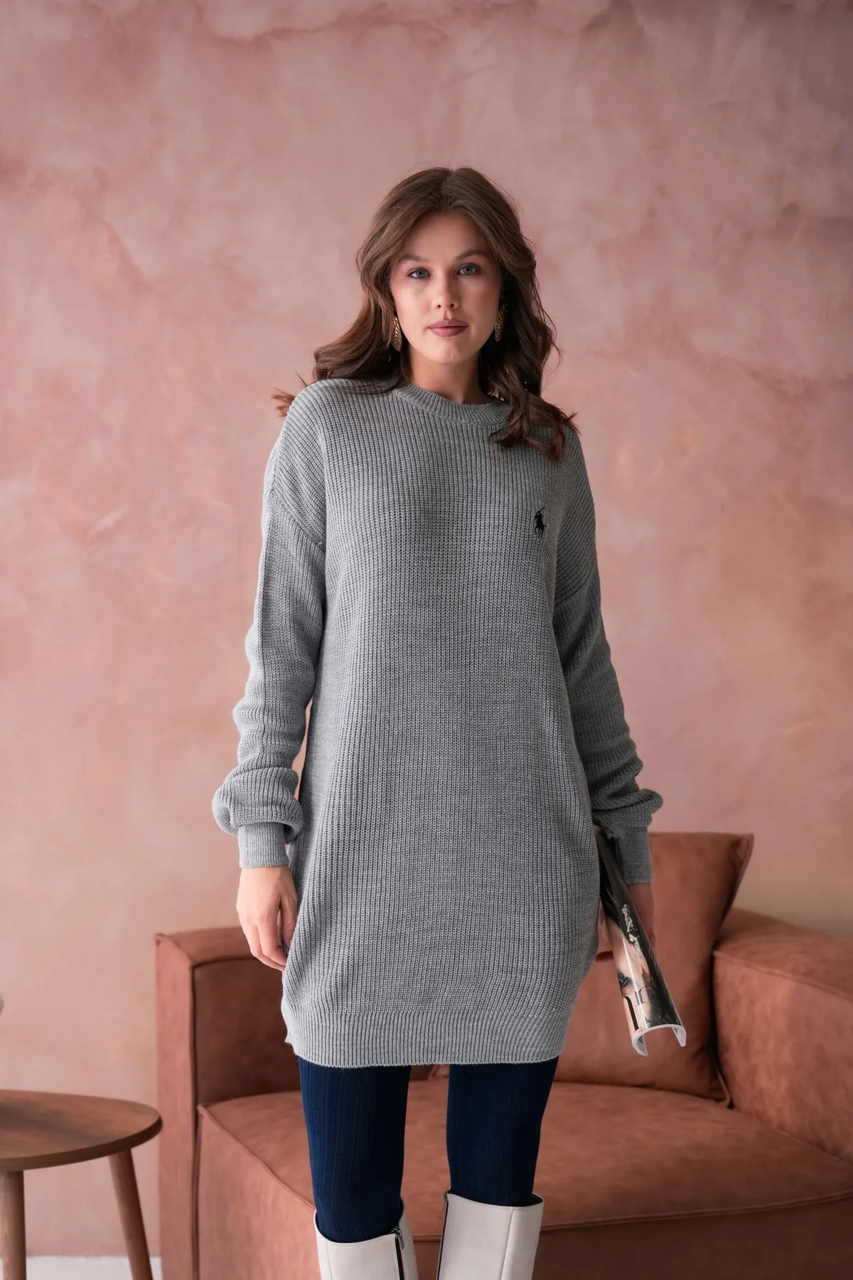 Kadın Bisiklet Yaka Selanik Örgü Nakışlı Triko Tunik 8492