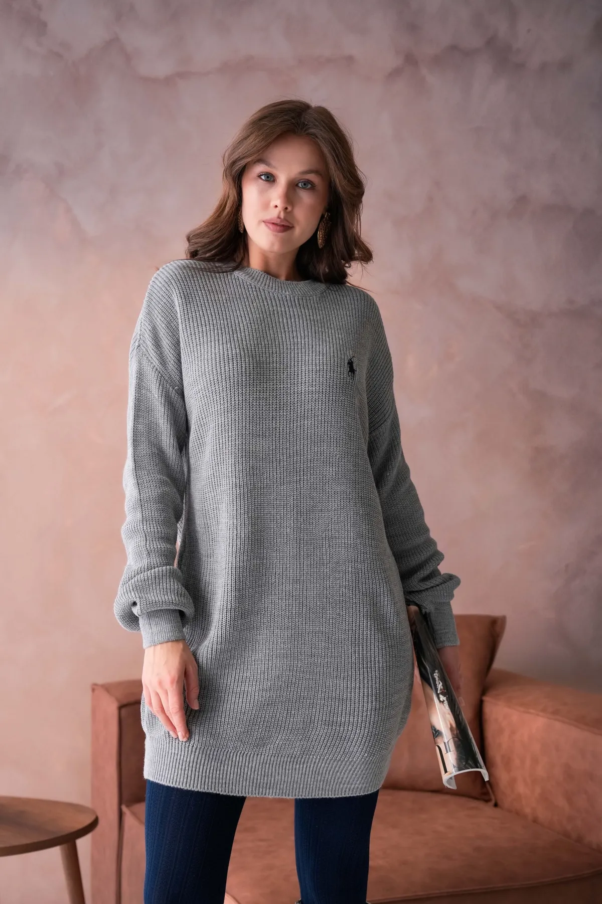 Kadın Bisiklet Yaka Selanik Örgü Nakışlı Triko Tunik 8492