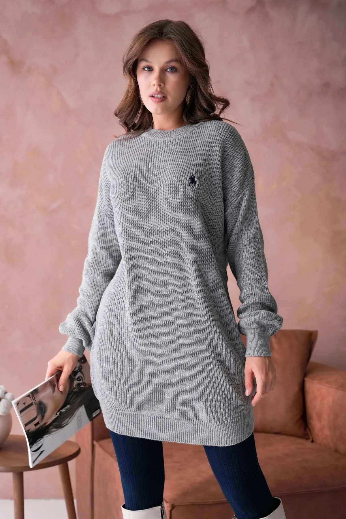 Kadın Bisiklet Yaka Selanik Örgü Nakışlı Triko Tunik 8492