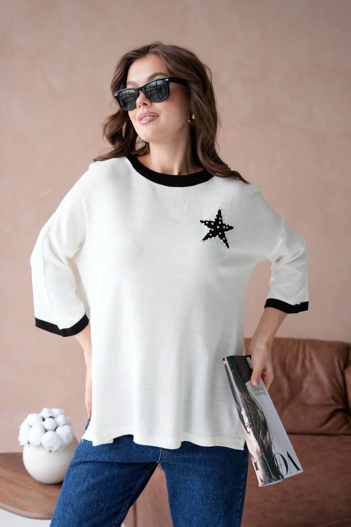 Kadın Bisiklet Yaka Taş İşlemeli Yırtmaçlı Oversize Triko Kazak 10042