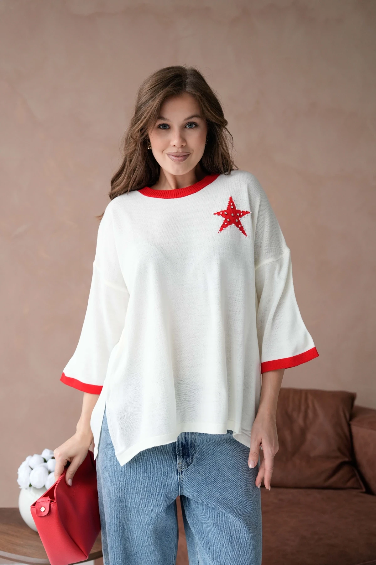 Kadın Bisiklet Yaka Taş İşlemeli Yırtmaçlı Oversize Triko Kazak 10042