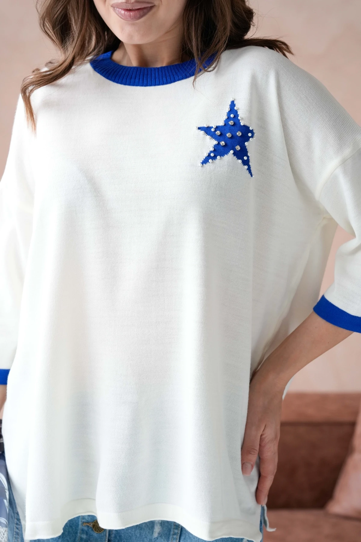 Kadın Bisiklet Yaka Taş İşlemeli Yırtmaçlı Oversize Triko Kazak 10042