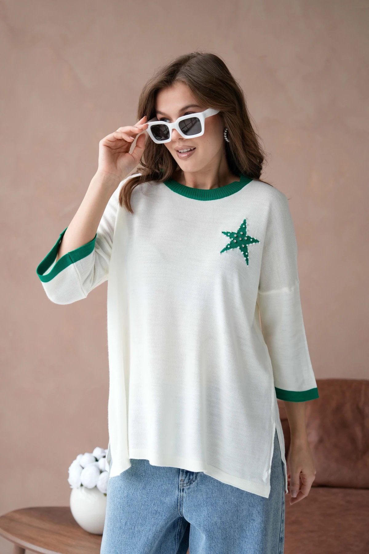 Kadın Bisiklet Yaka Taş İşlemeli Yırtmaçlı Oversize Triko Kazak 10042