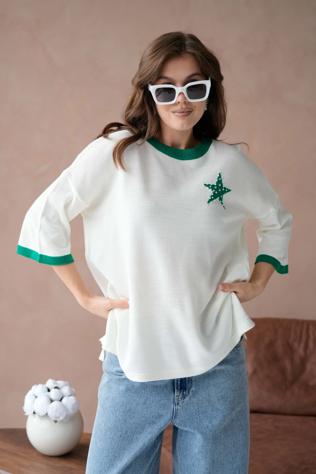 Kadın Bisiklet Yaka Taş İşlemeli Yırtmaçlı Oversize Triko Kazak 10042