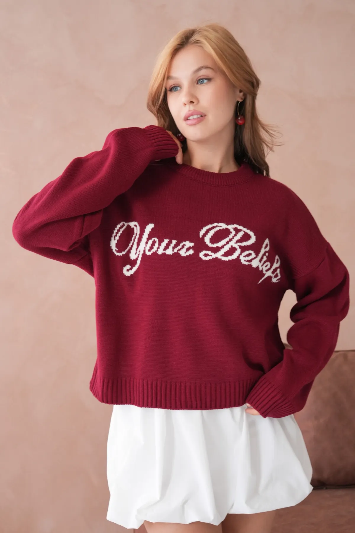 Kadın Bisiklet Yaka Yazı Datylı Oversize Triko Kazak 8593