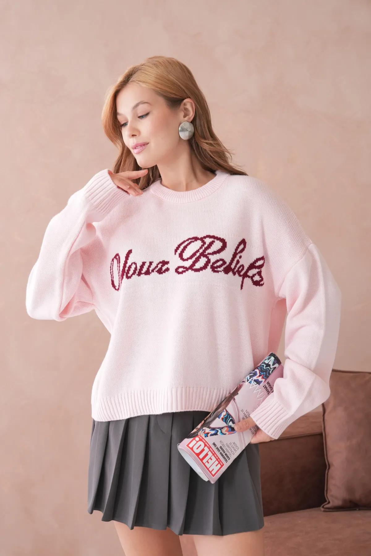 Kadın Bisiklet Yaka Yazı Datylı Oversize Triko Kazak 8593