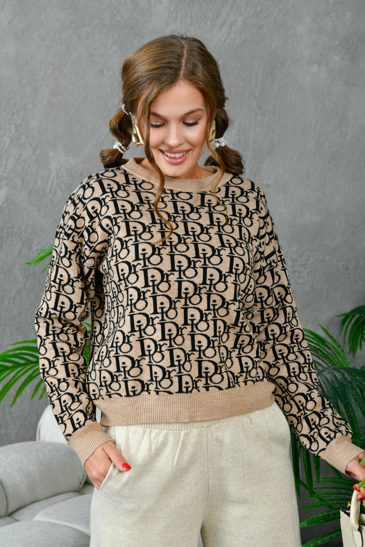 Kadın Bisiklet Yaka Yazı Detaylı Premium İplik Triko Kazak 10395.Crs