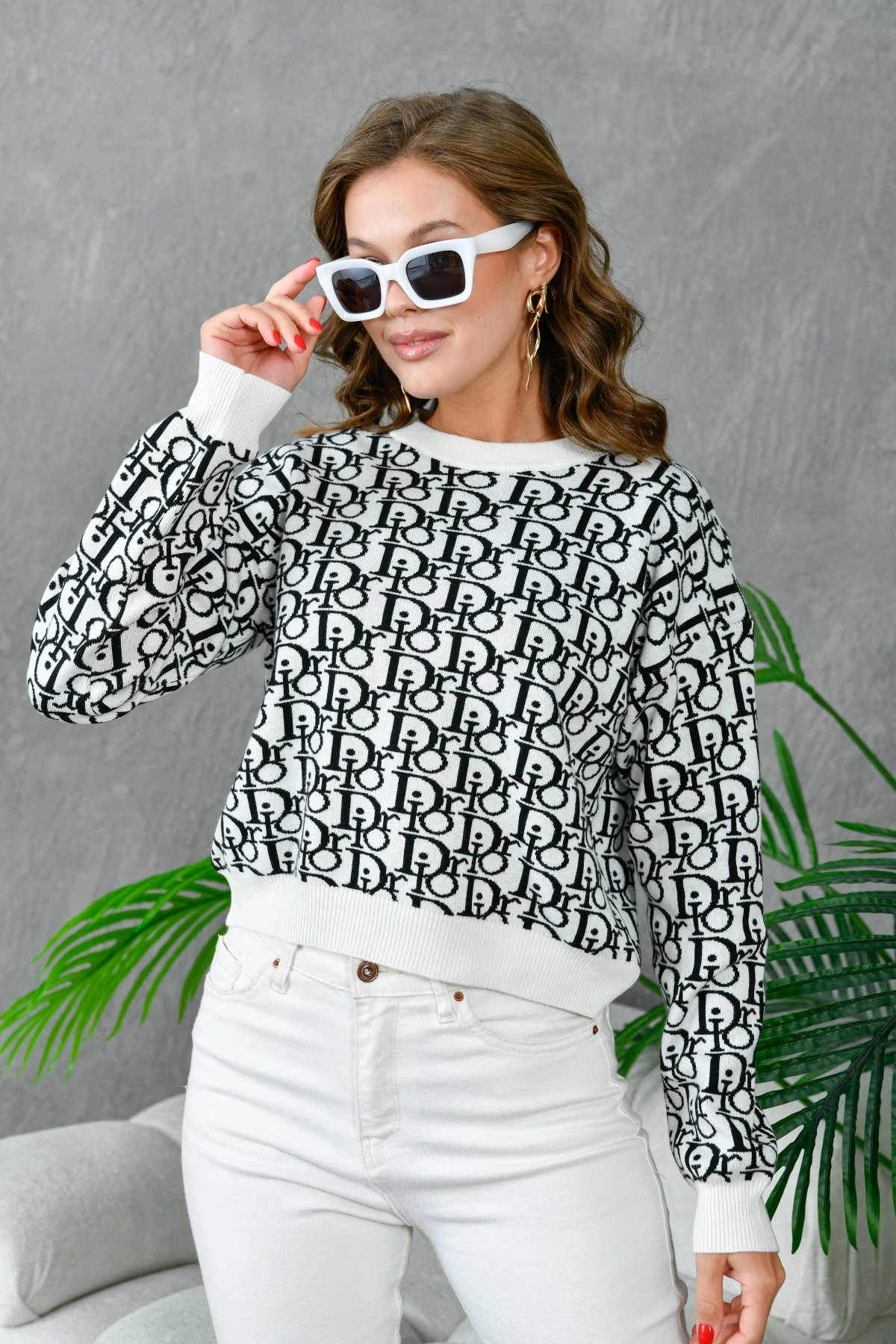 Kadın Bisiklet Yaka Yazı Detaylı Premium İplik Triko Kazak 10395.Crs