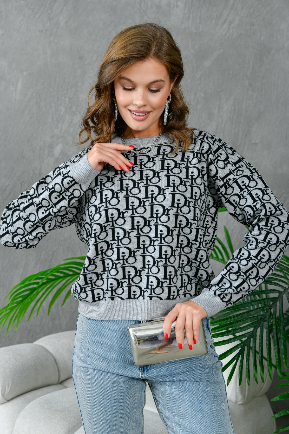 Kadın Bisiklet Yaka Yazı Detaylı Premium İplik Triko Kazak 10395.Crs