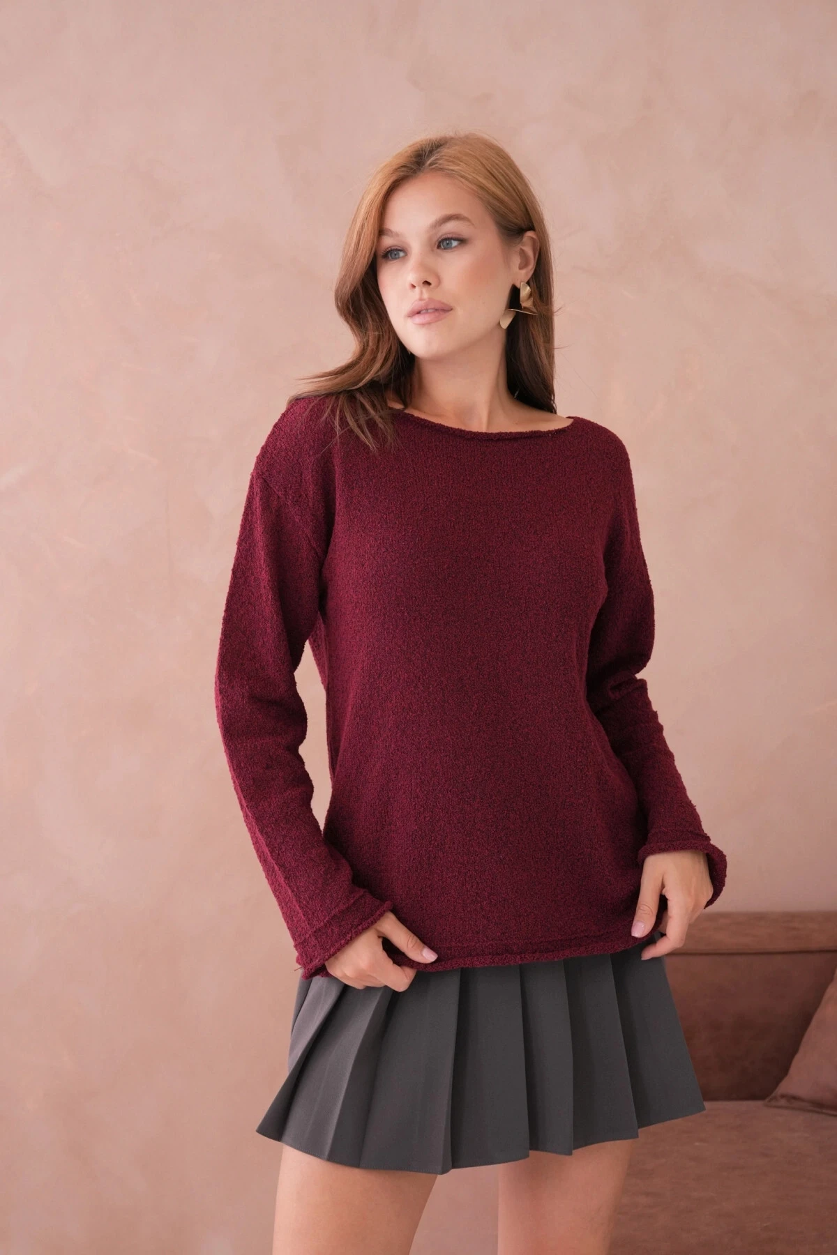 Kadın Bordo Basic Oversize Kayık Yaka Dokulu Triko Kazak 8529sw