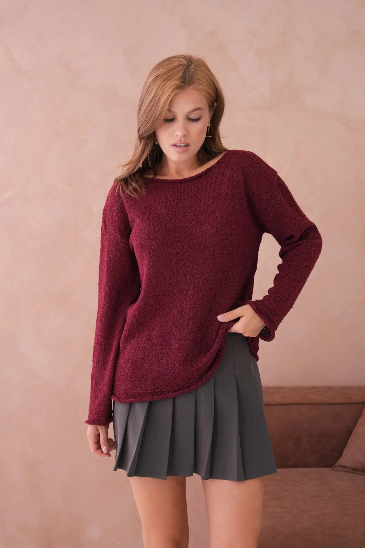 Kadın Bordo Basic Oversize Kayık Yaka Dokulu Triko Kazak 8529sw