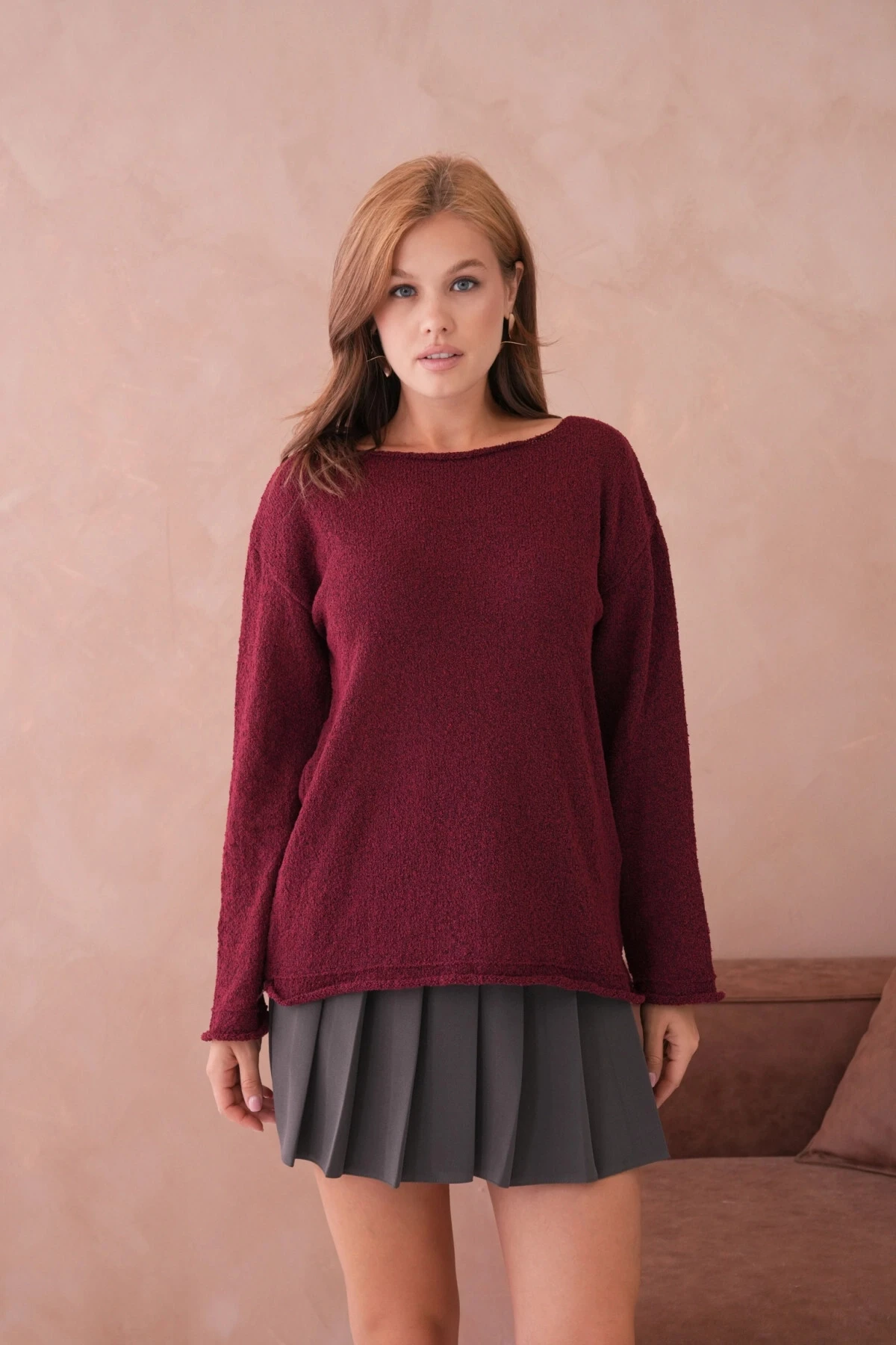 Kadın Bordo Basic Oversize Kayık Yaka Dokulu Triko Kazak 8529sw