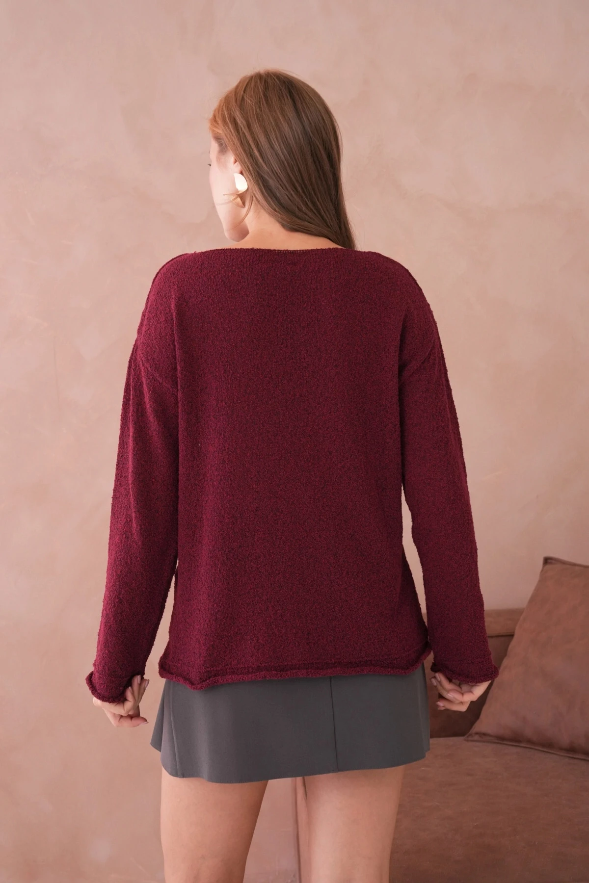 Kadın Bordo Basic Oversize Kayık Yaka Dokulu Triko Kazak 8529sw