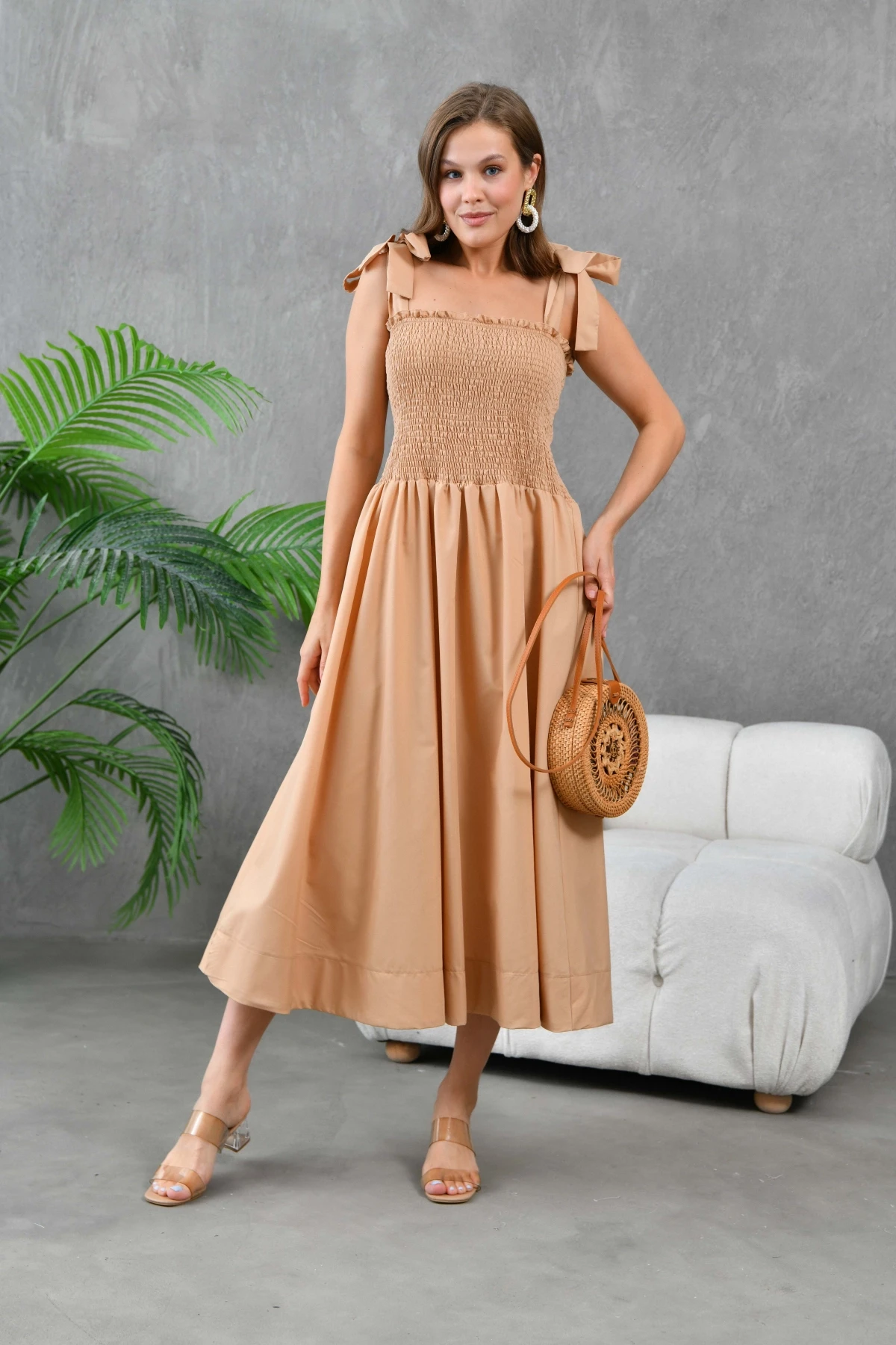Kadın Camel Askısı Bağlamalı Gipeli Midi Dokuma Elbise 24023