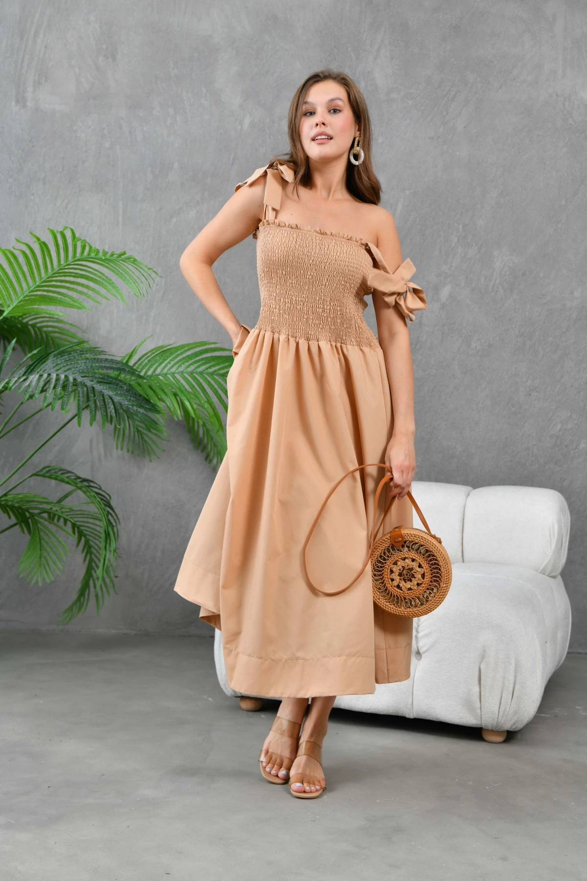 Kadın Camel Askısı Bağlamalı Gipeli Midi Dokuma Elbise 24023