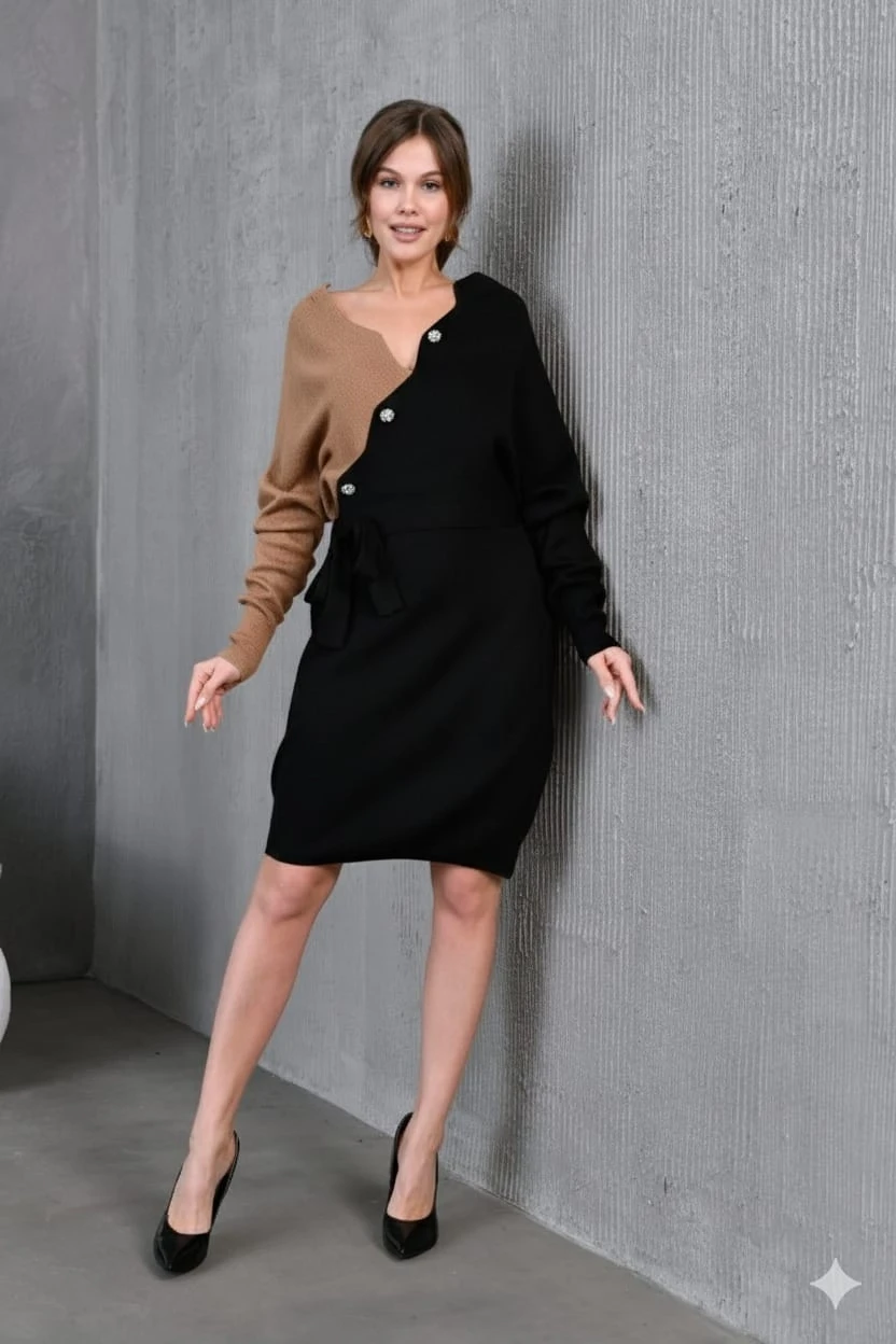 Kadın Degaje Yaka Düğme Detay Kuşaklı Renk Bloklu Midi Triko Elbise 214214