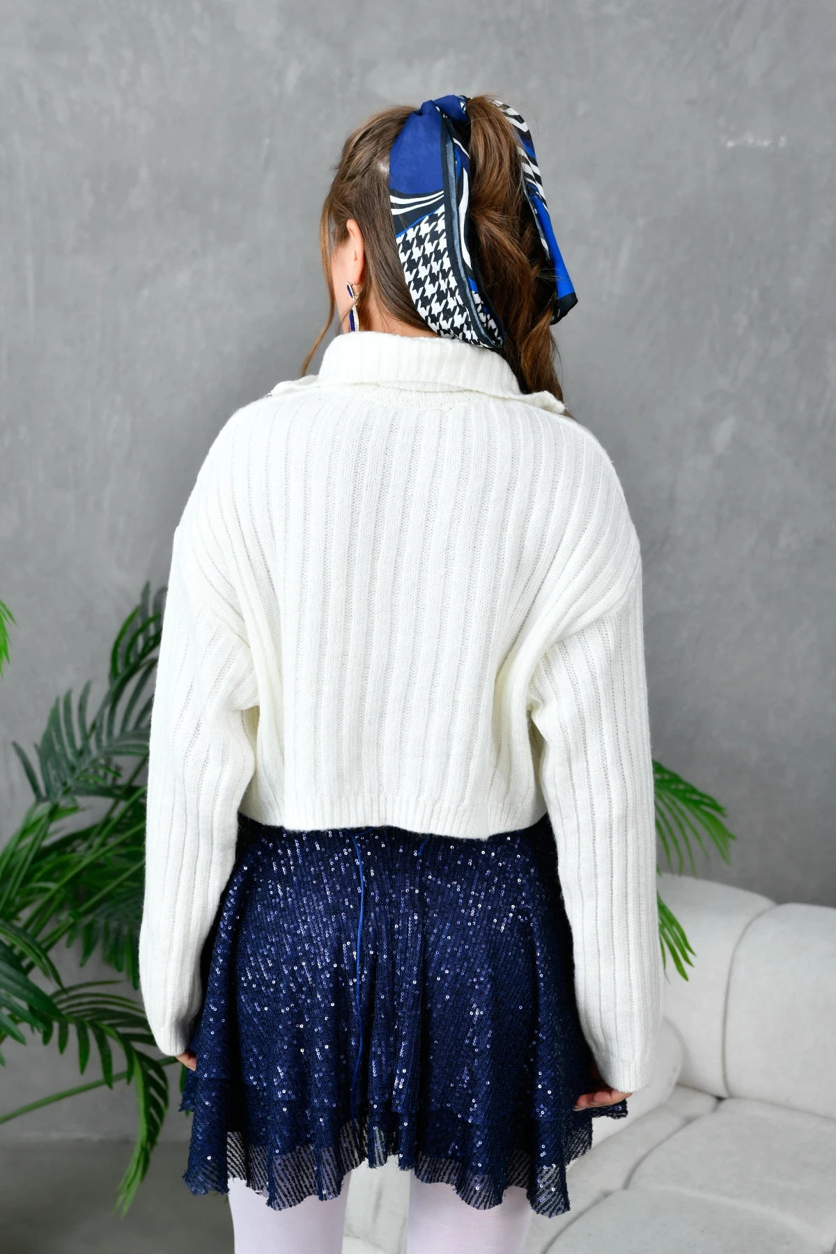 Kadın Devrik Yaka Ful Fermuar Kapama Fitilli Crop Triko Ceket 6021