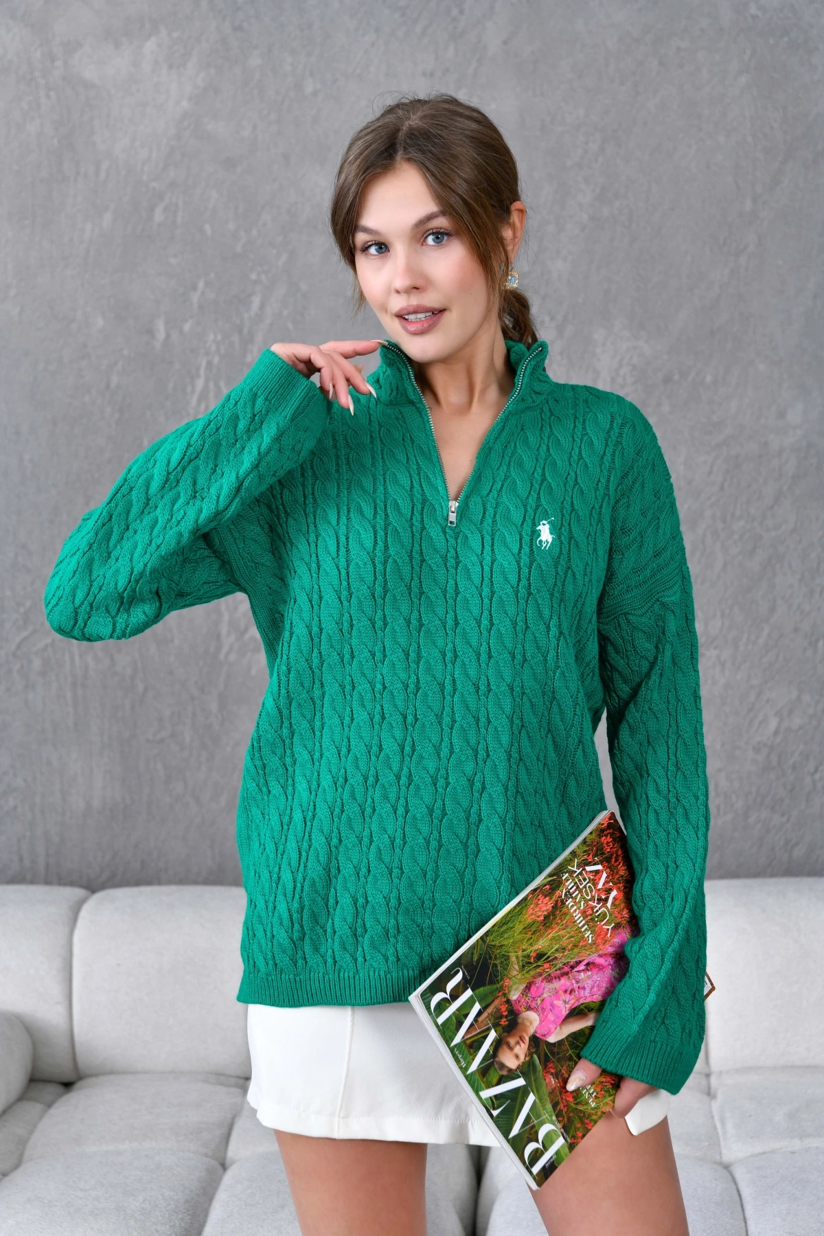 Kadın Dik Yaka Fermuar Detay Saç Örgü Triko Kazak 8006Sw