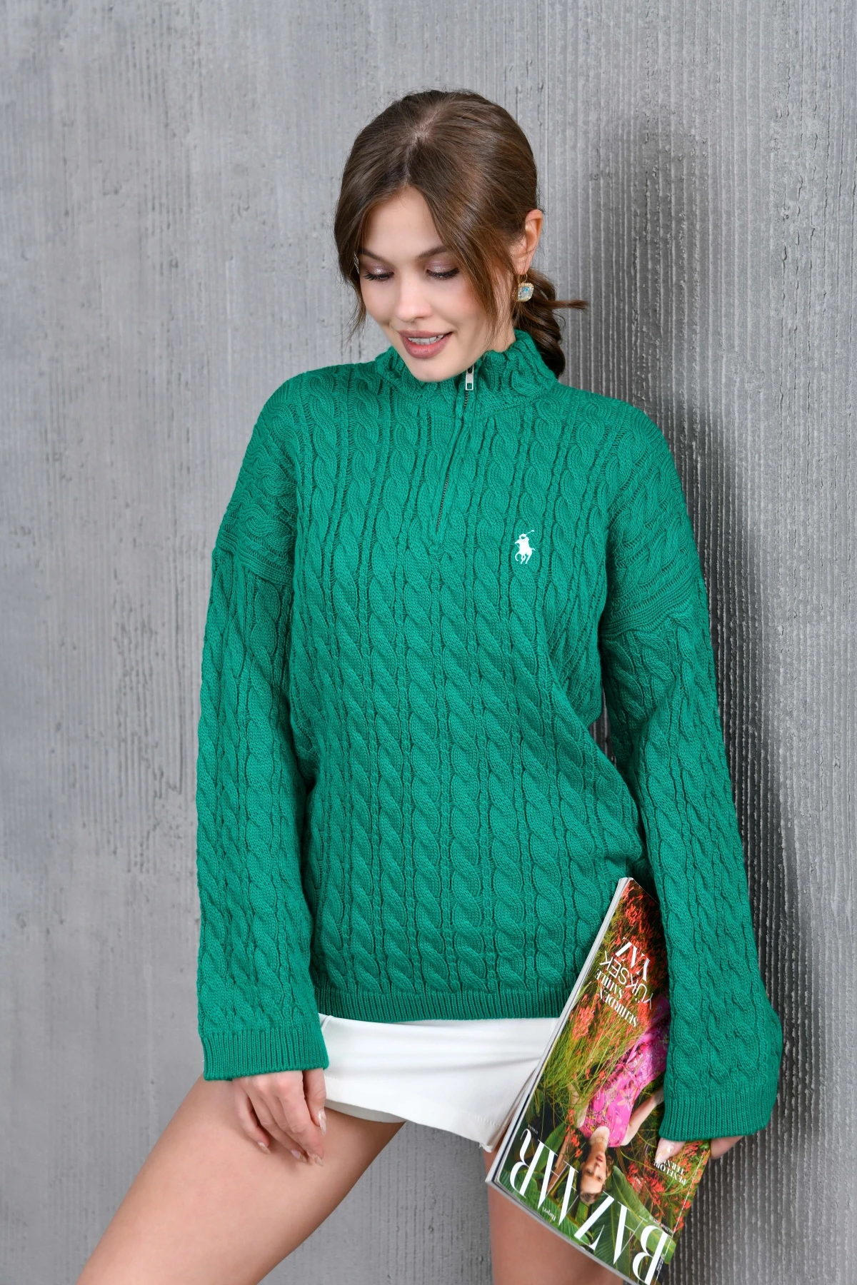 Kadın Dik Yaka Fermuar Detay Saç Örgü Triko Kazak 8006Sw