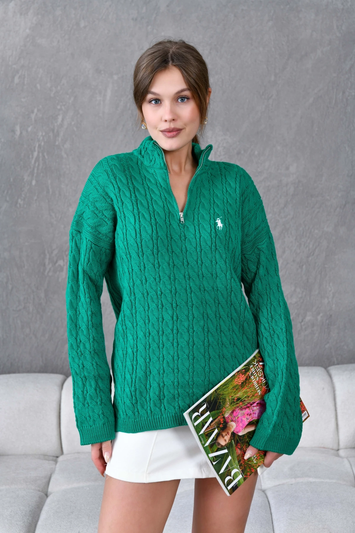 Kadın Dik Yaka Fermuar Detay Saç Örgü Triko Kazak 8006Sw